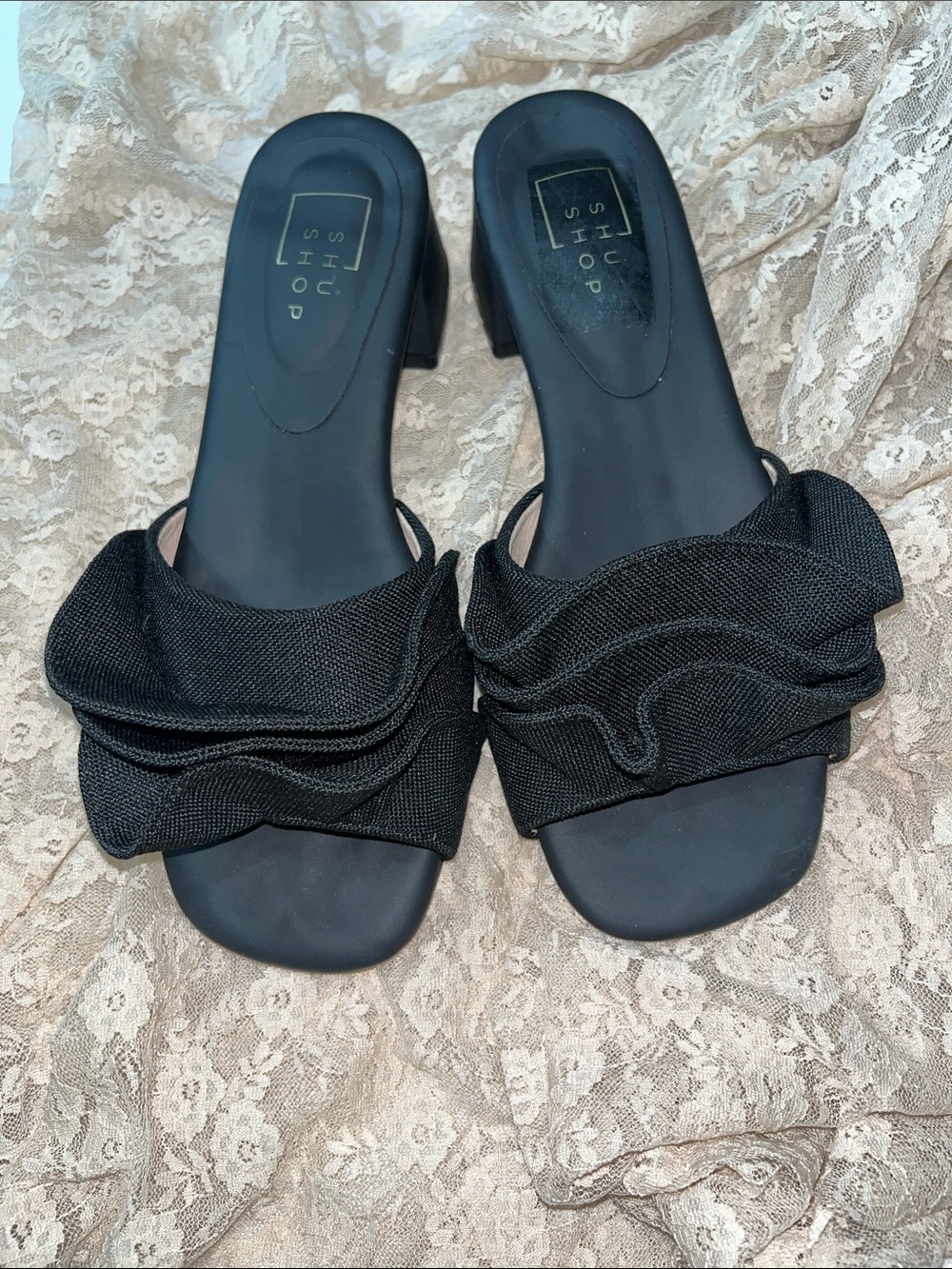 ShuShop Black Ruffle Slide Mules - Picture 2 of 5